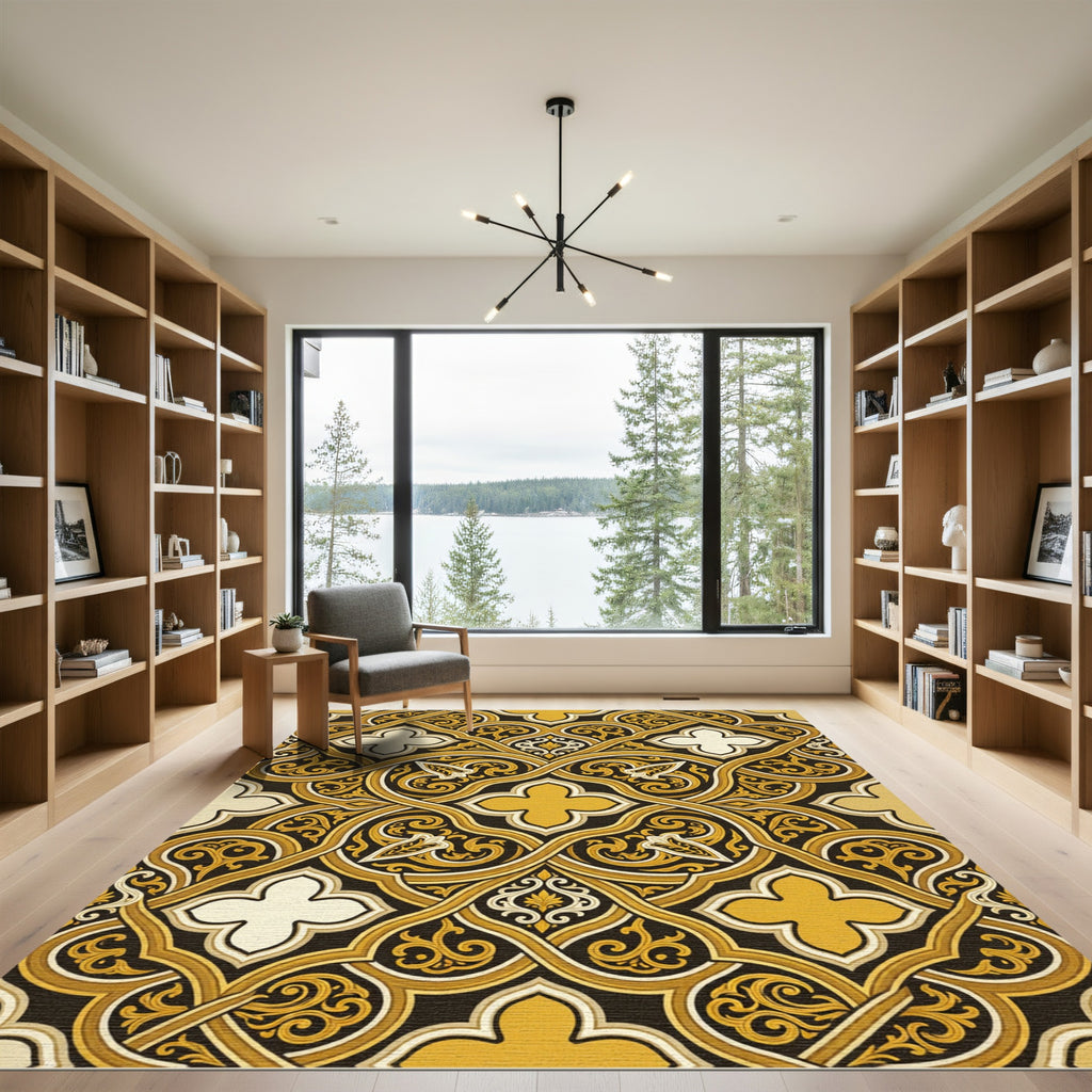 Elegant Golden Filigree Interlocking Scroll Rug