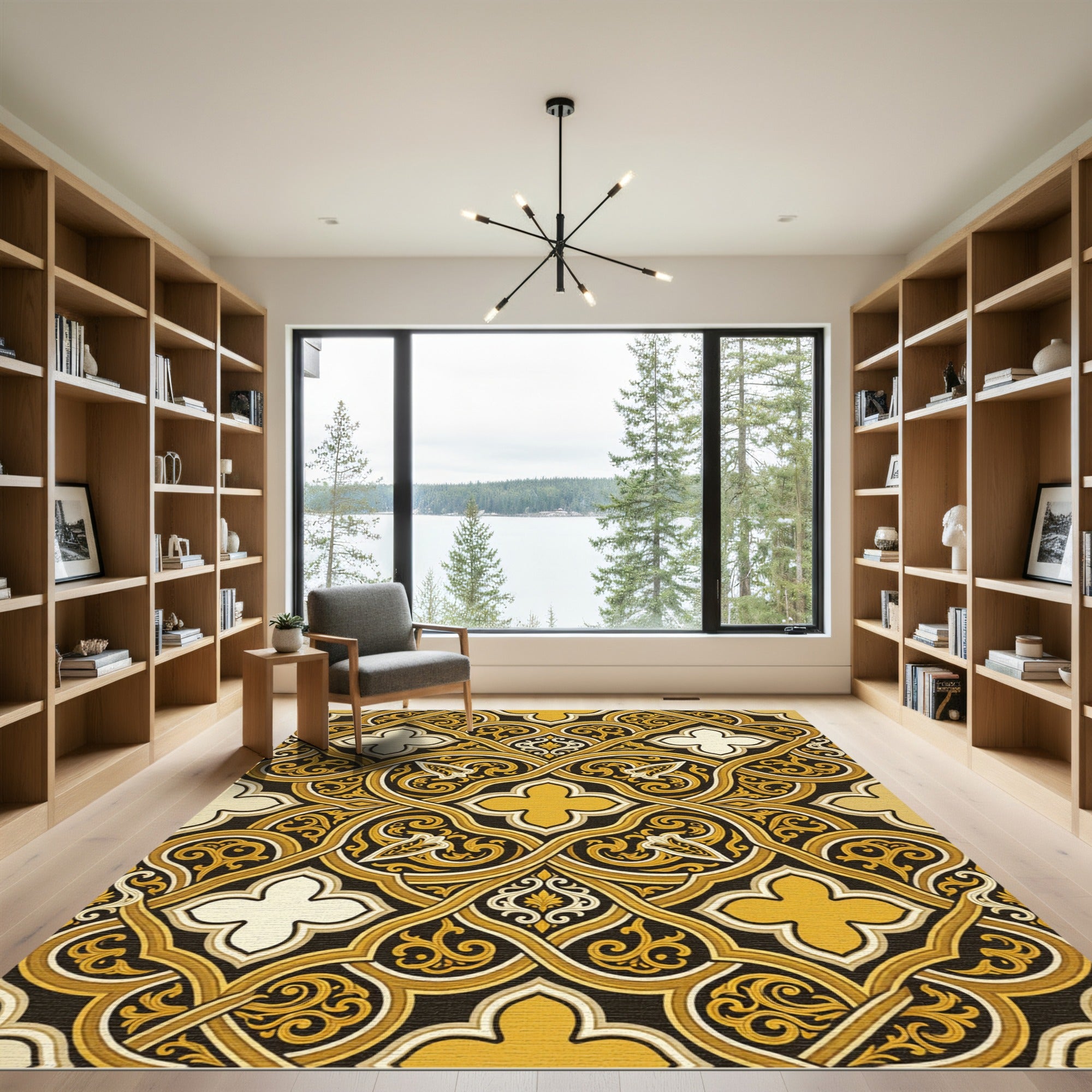 Elegant Golden Filigree Interlocking Scroll Rug