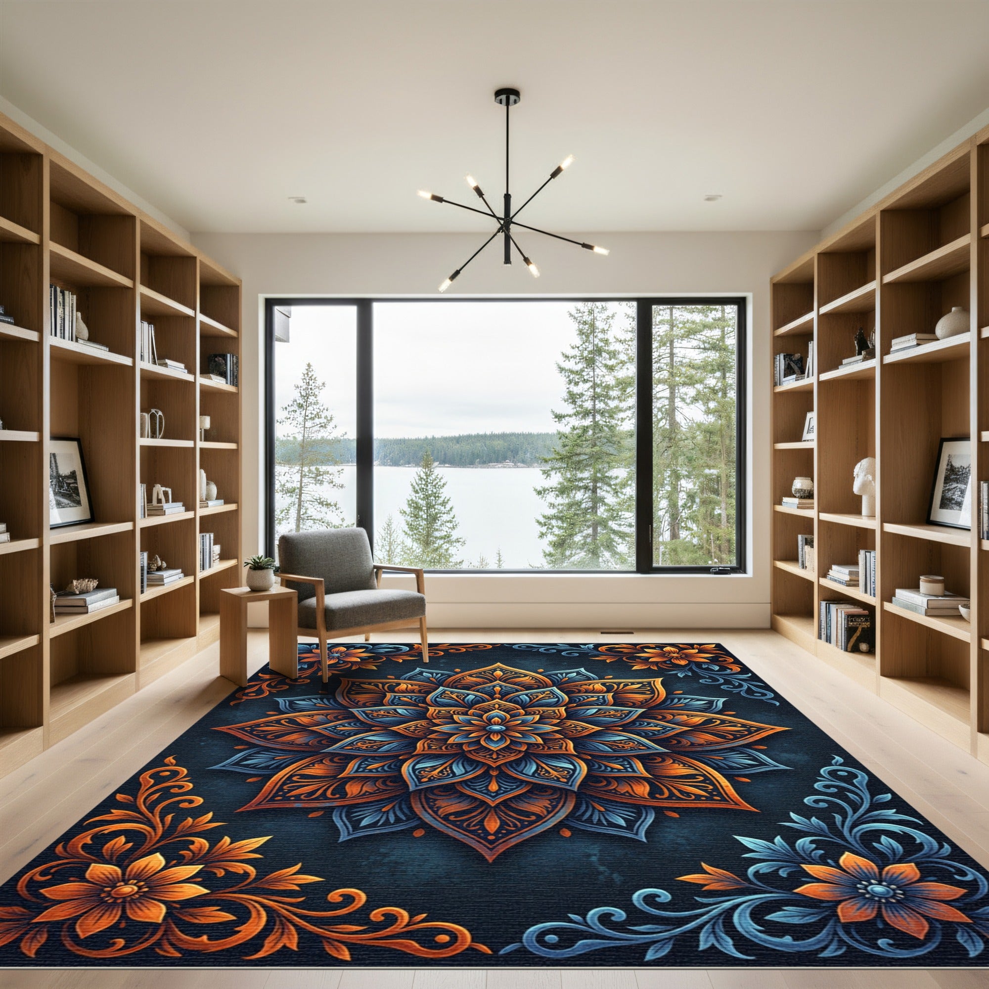 Orange Blue Floral Medallion Art Rug