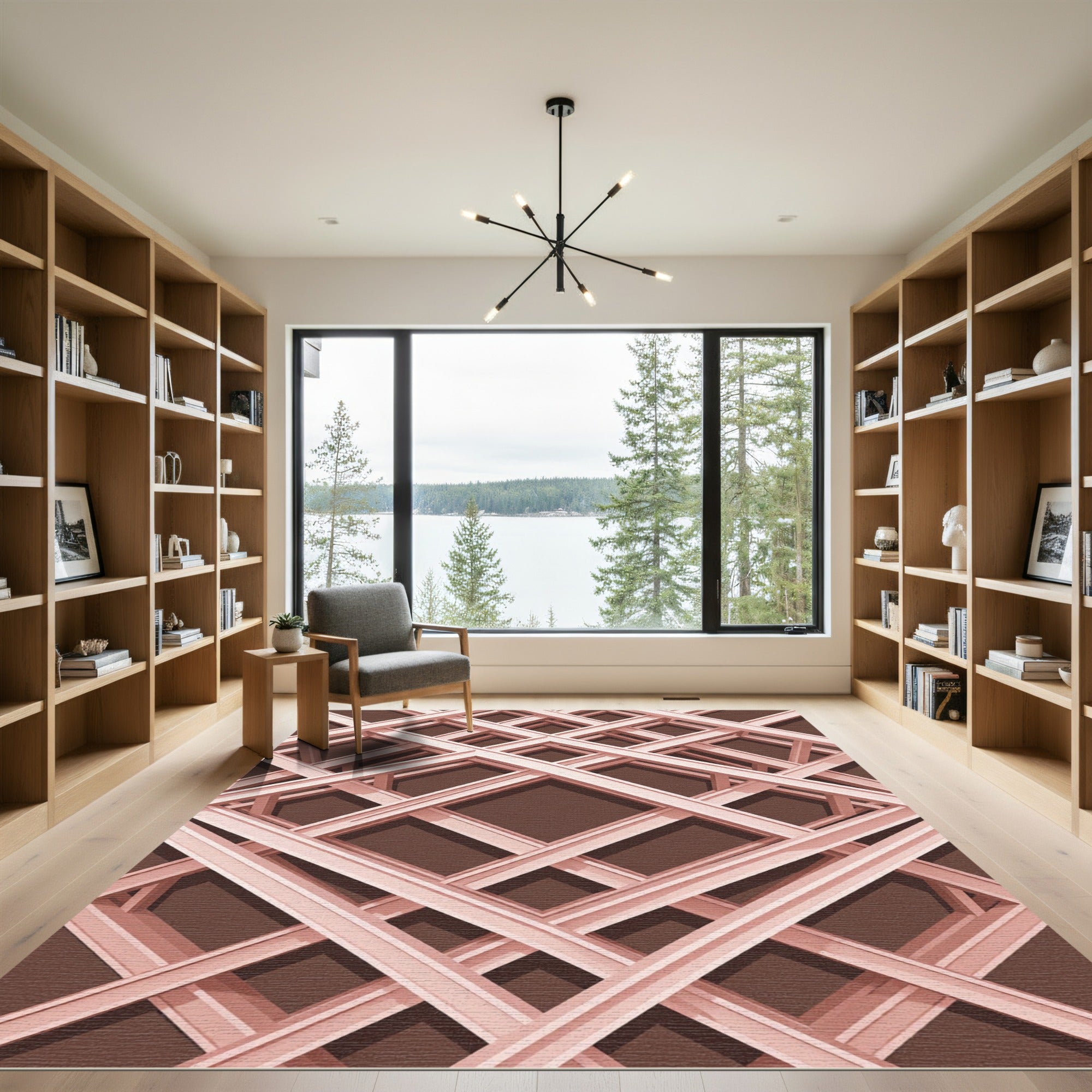 Blush Pink Intersecting Geometric Grid Rug