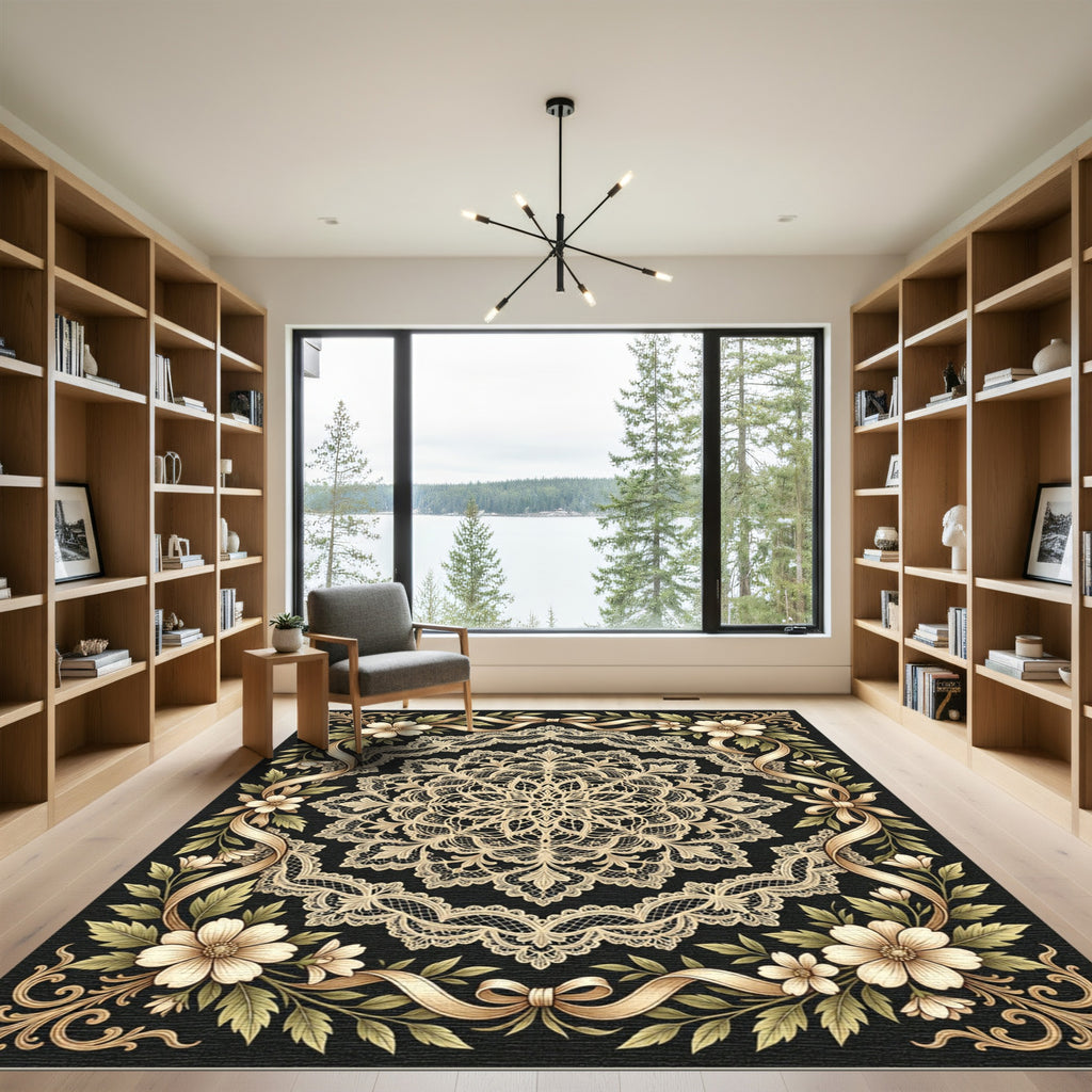Cream Lace Floral Ribbon Frame Rug