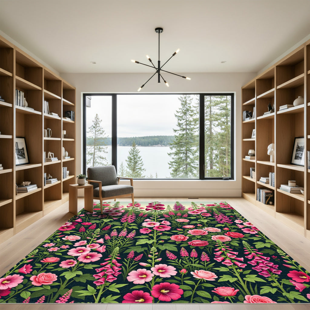 Pink Roses Hollyhocks Foxgloves Garden Rug