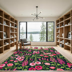 Pink Roses Hollyhocks Foxgloves Garden Rug