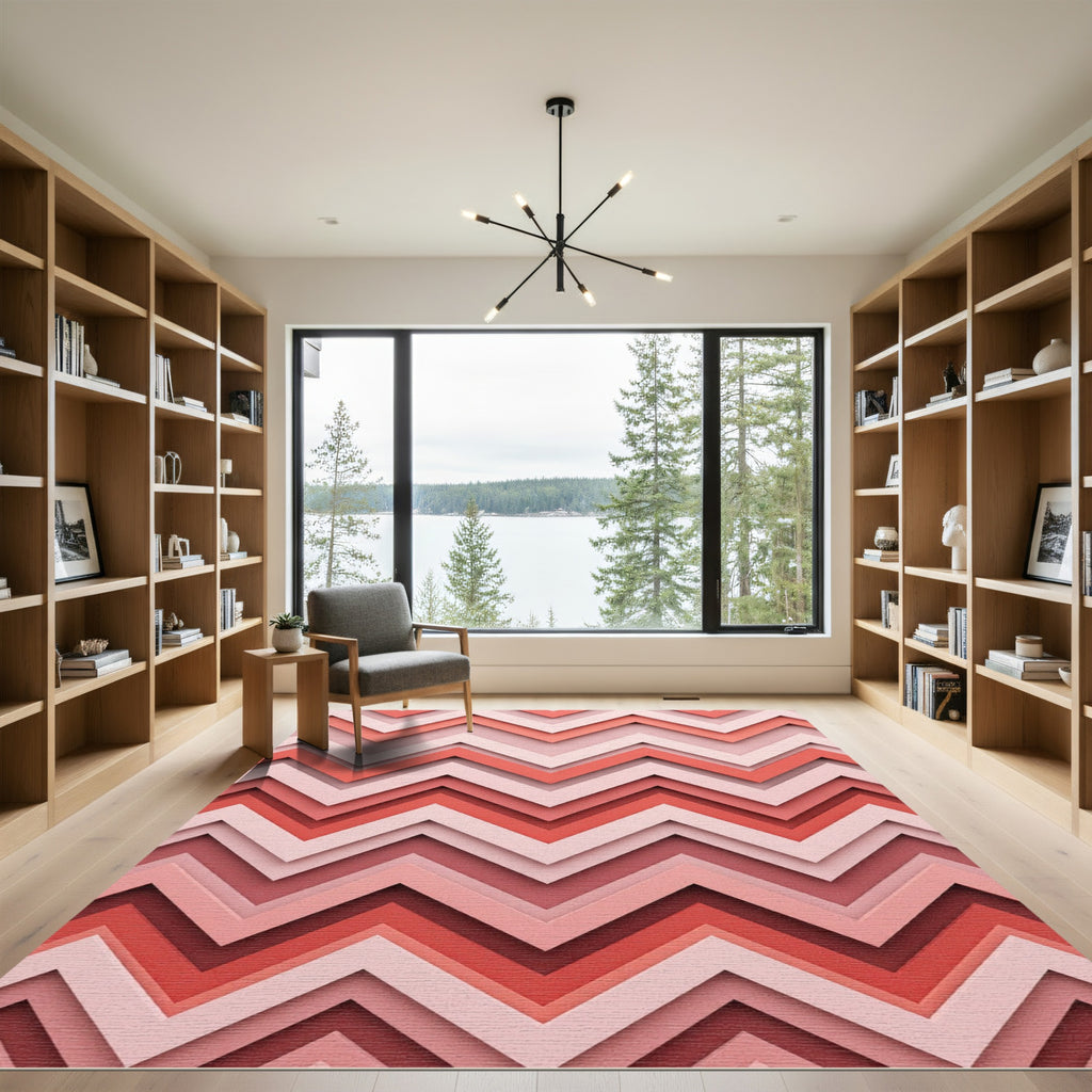 Modern Coral Chevron Layered Ripples Rug