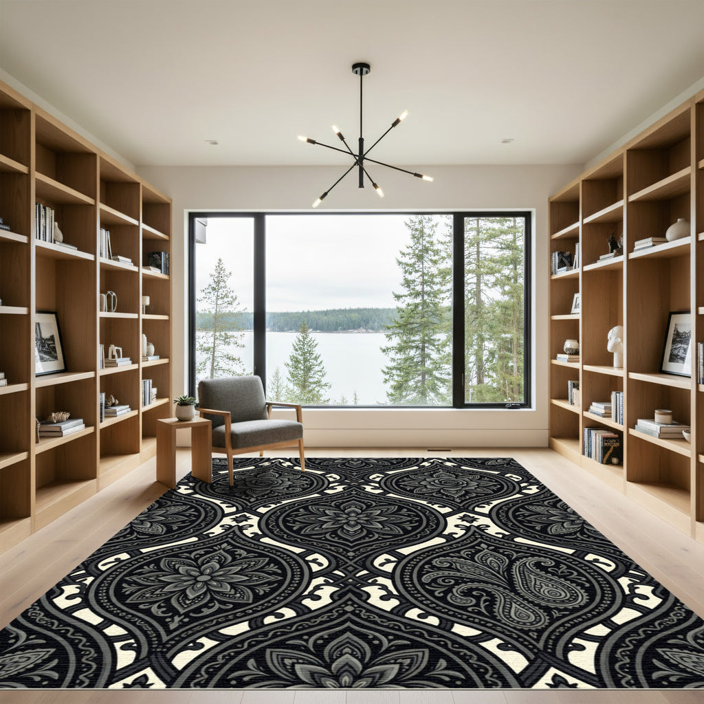 Ornate Grey Paisley Floral Medallion Rug