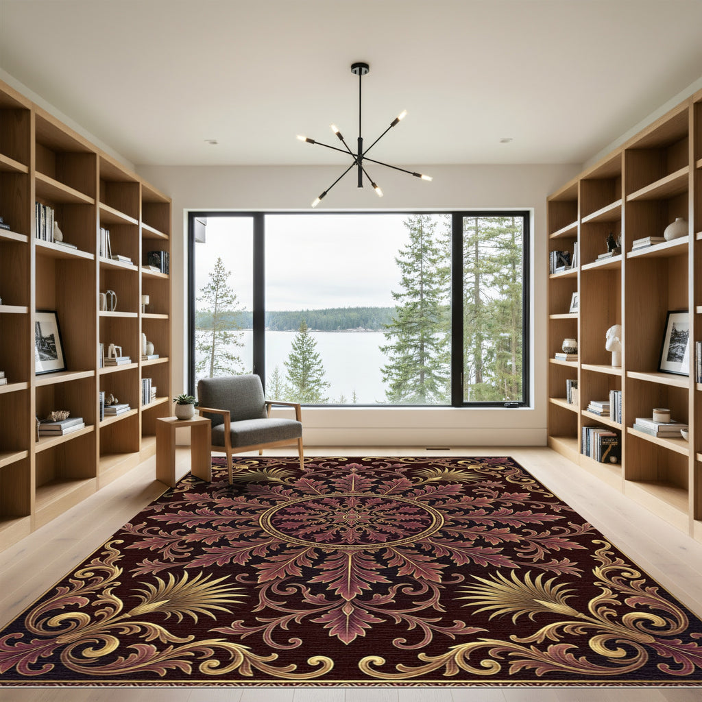 Ornate Crimson Gold Scrollwork Rug