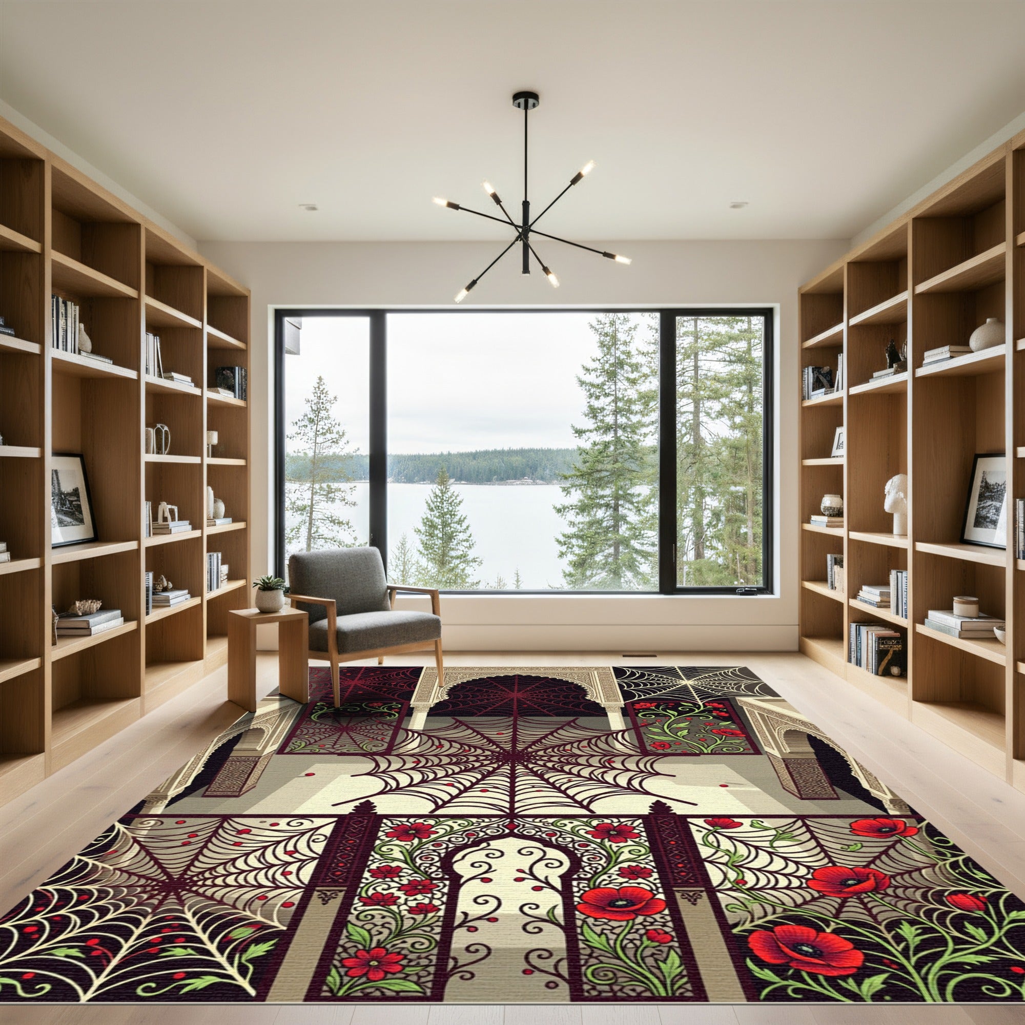 Crimson Red Spiderweb Floral Arch Rug