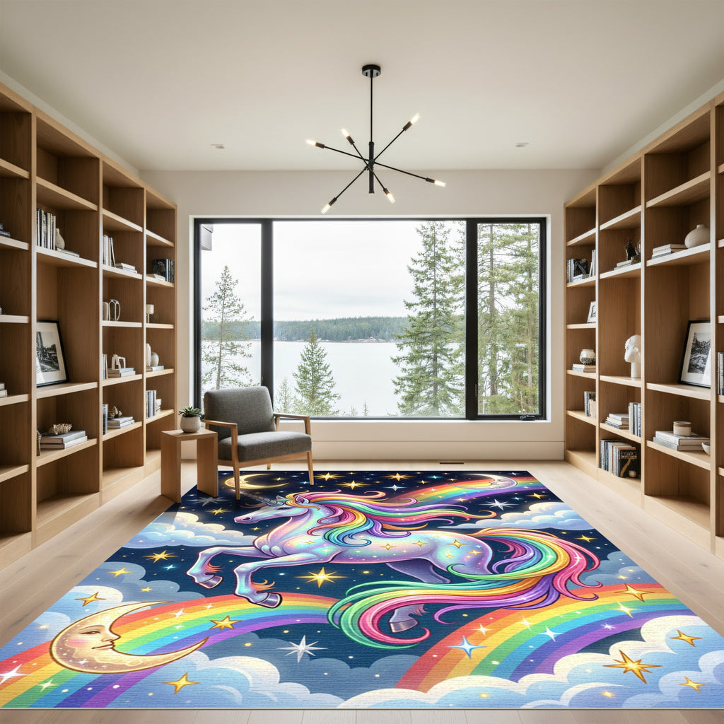 Whimsical Rainbow Unicorn Starry Night Rug