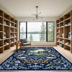 Blue Gold Floral Meadow Landscape Scroll Rug