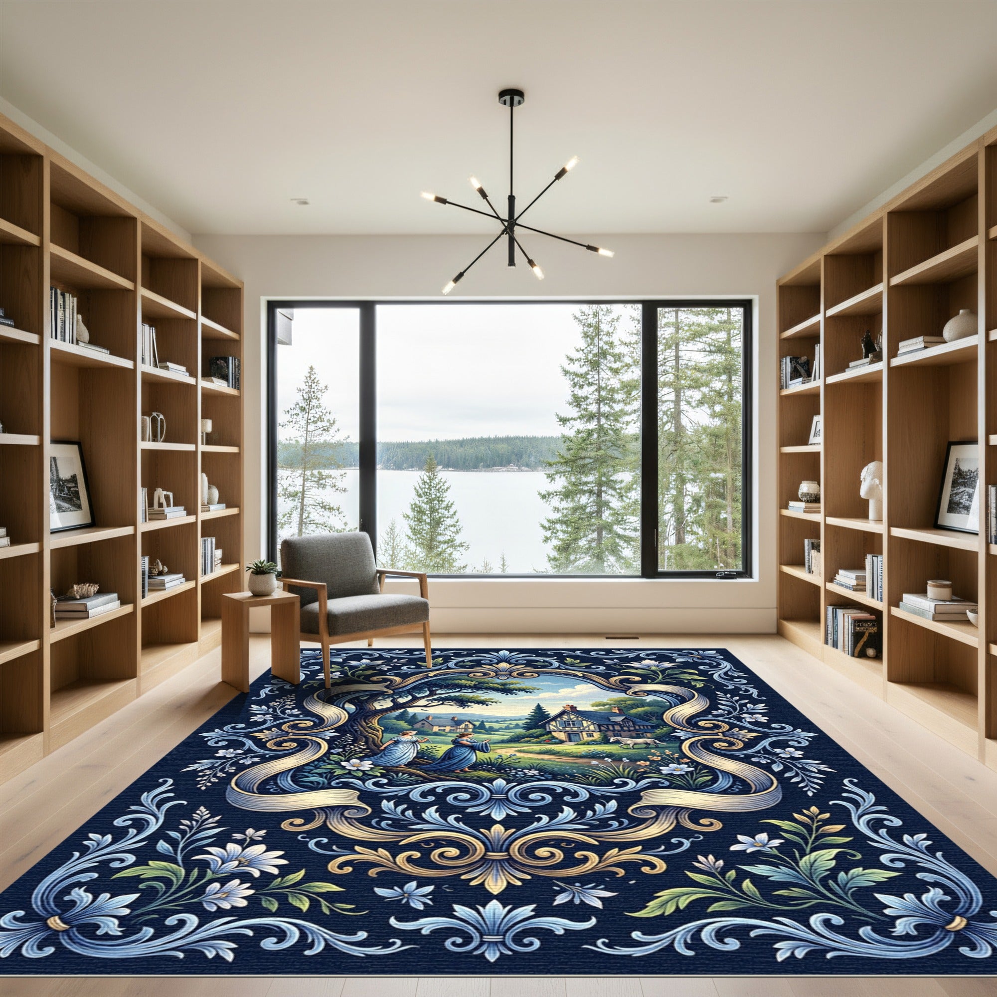Blue Gold Floral Meadow Landscape Scroll Rug