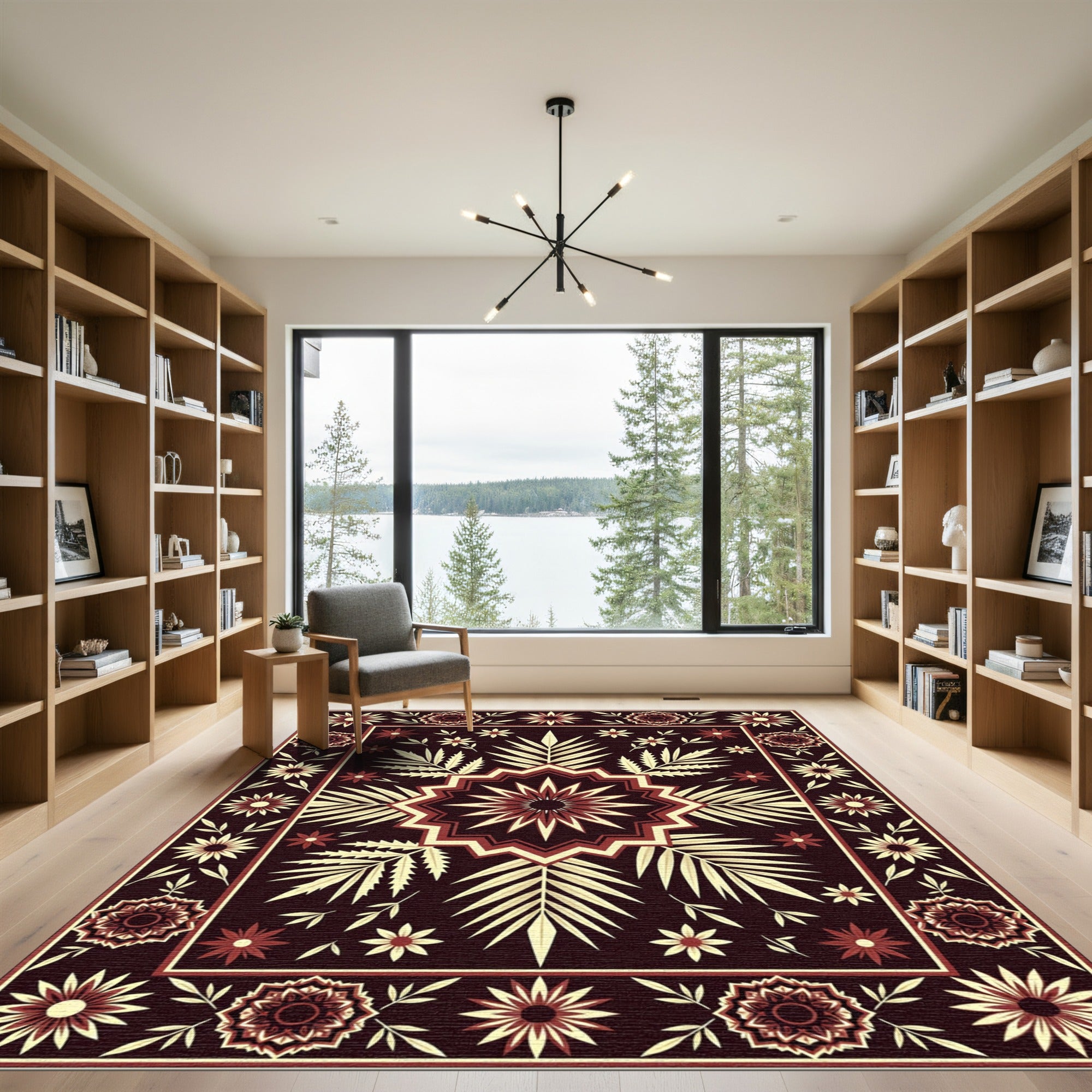 Deep Red Floral Sunburst Medallion Rug