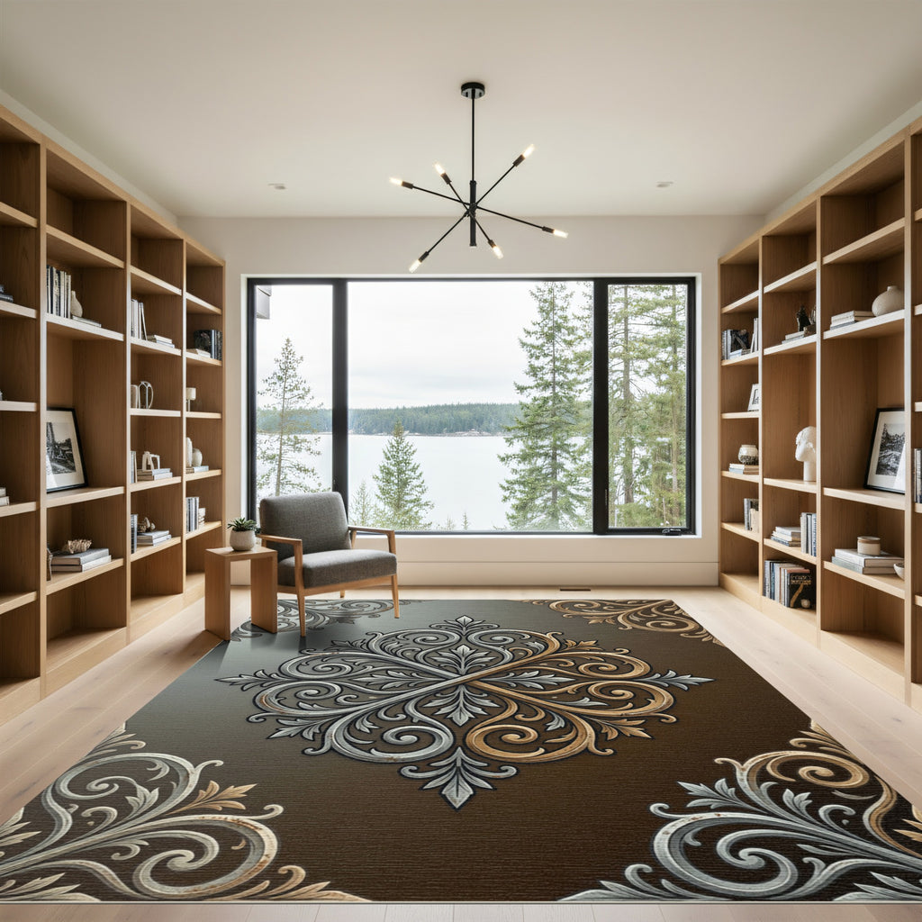 Elegant Silver and Gold Scroll Medallion Rug
