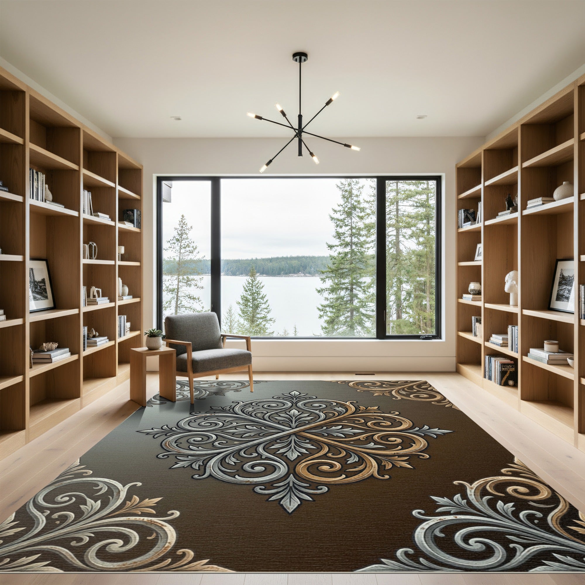 Elegant Silver and Gold Scroll Medallion Rug