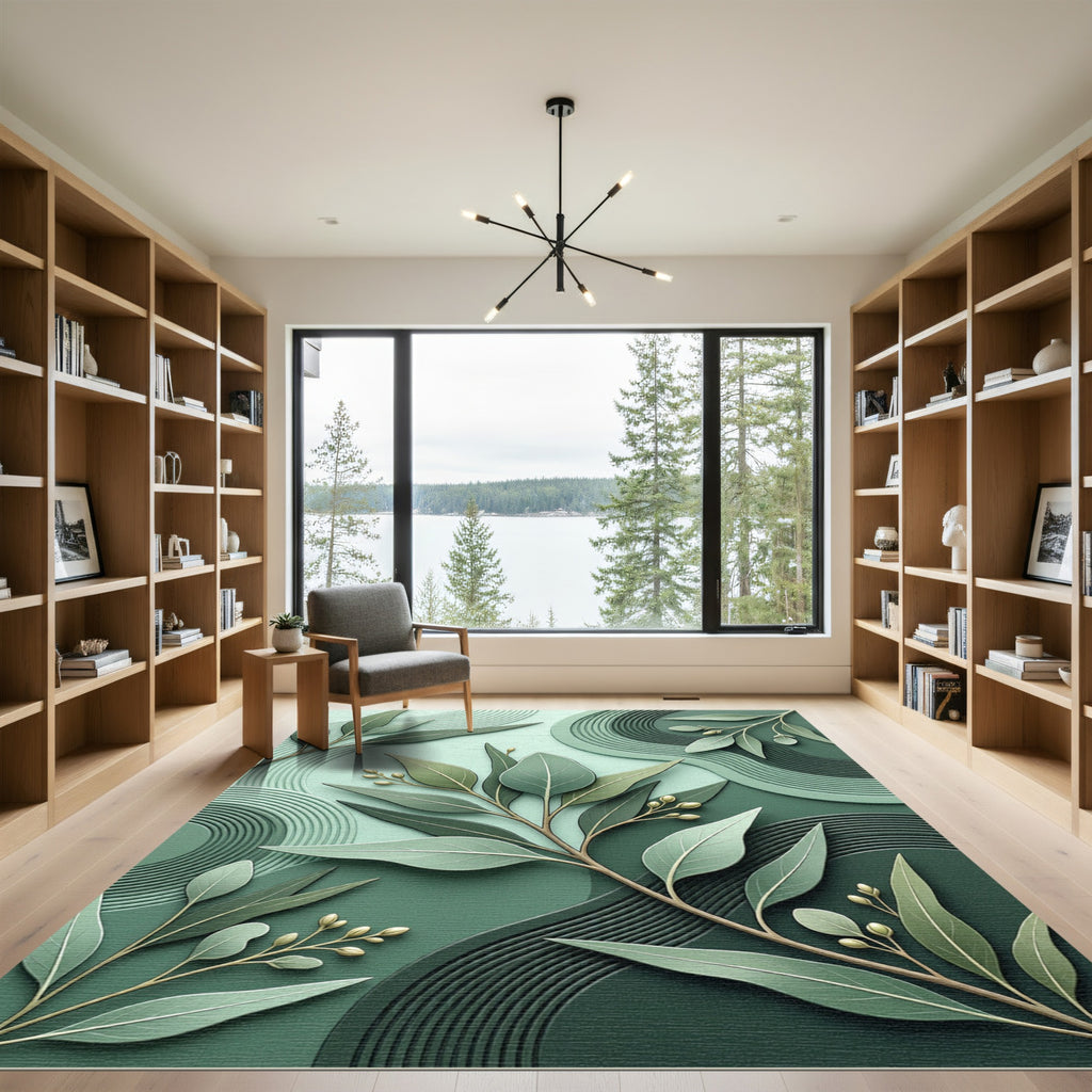 Serene Green Eucalyptus Branch Waves Rug