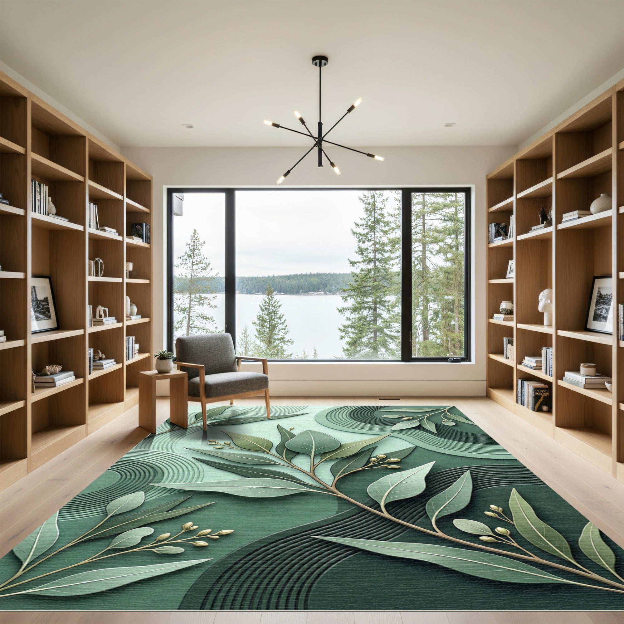 Serene Green Eucalyptus Branch Waves Rug