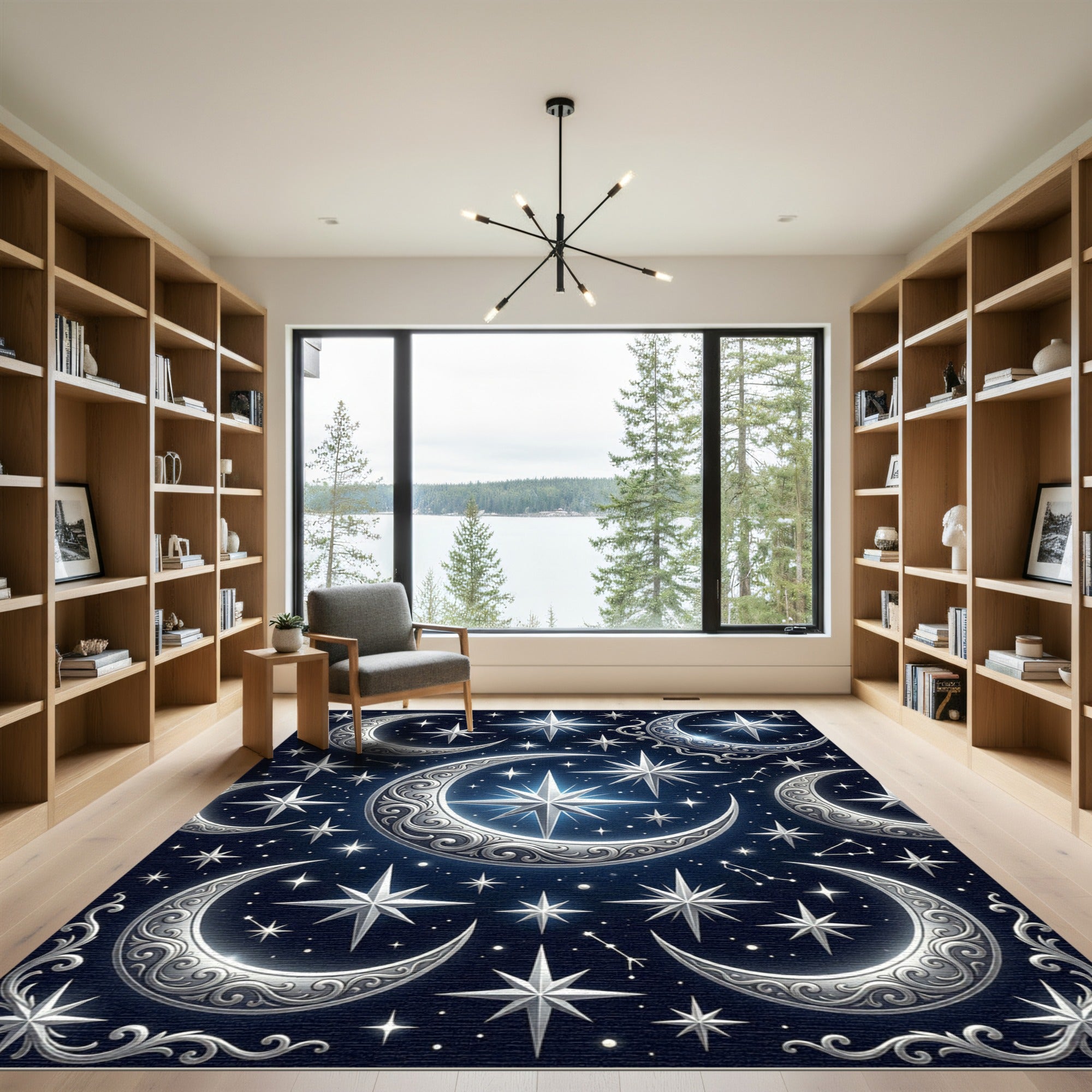 Celestial Silver Crescent Moon Starry Night Rug