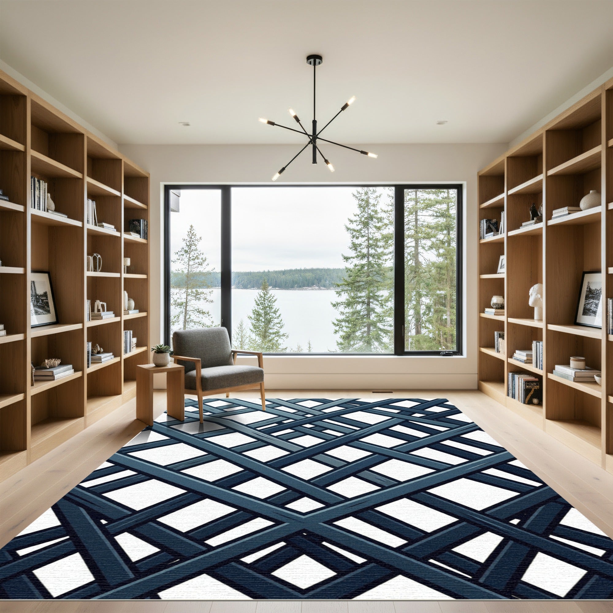 Modern Charcoal Intersecting Diagonal Grid Rug