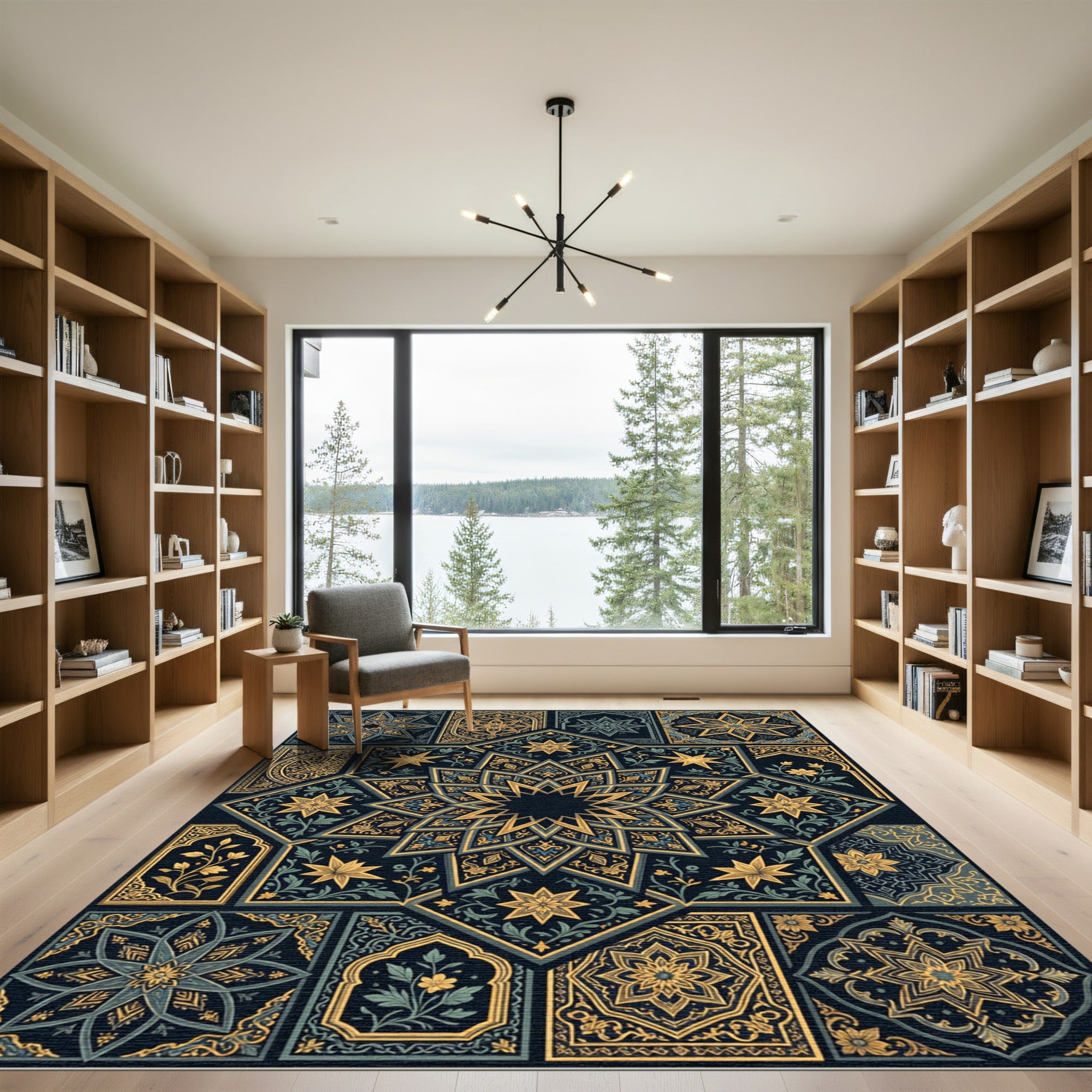 Intricate Golden Starburst Tile Collage Rug