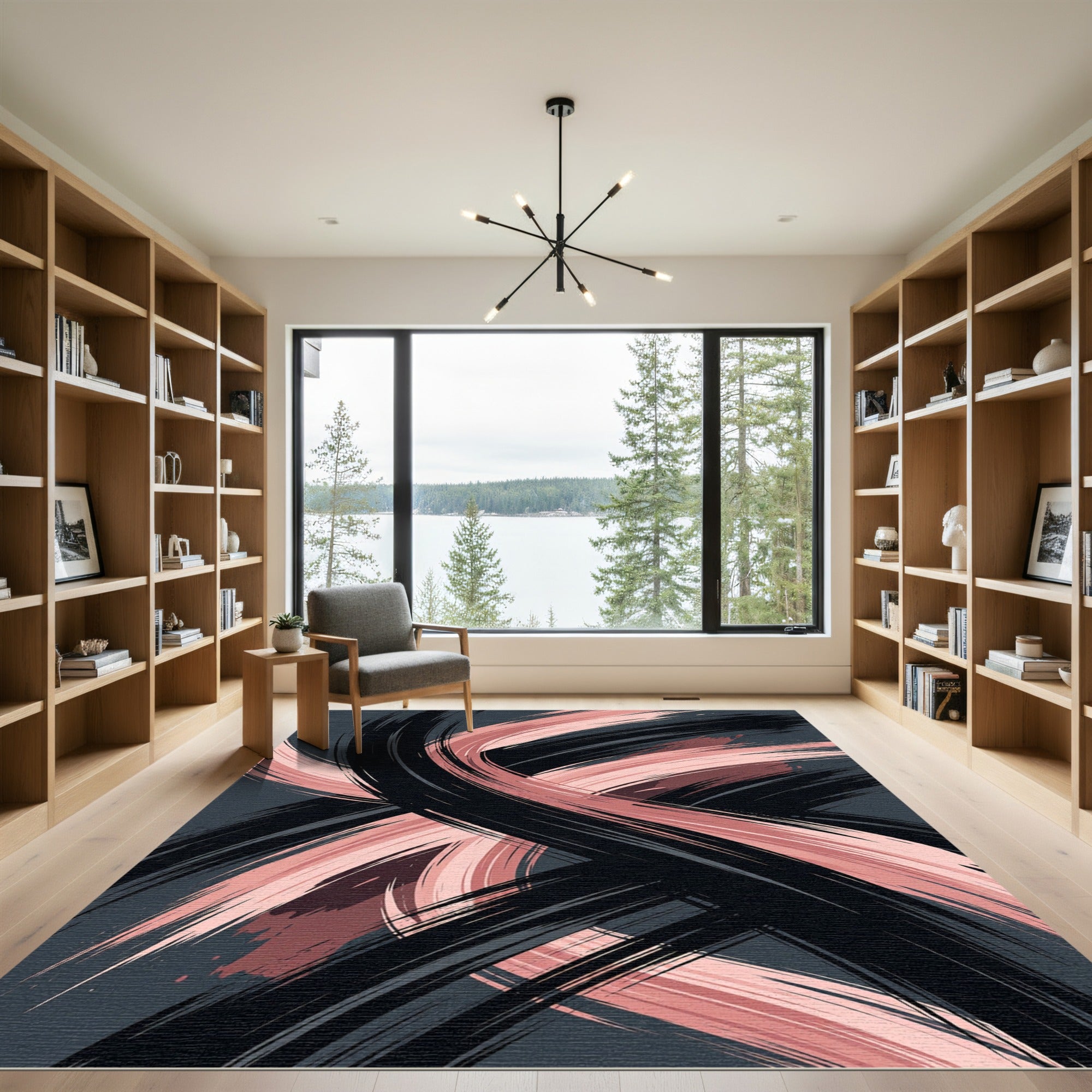 Abstract Blush Pink and Charcoal Swirl Rug