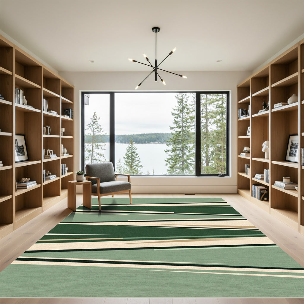 Modern Forest Green Abstract Linear Rug