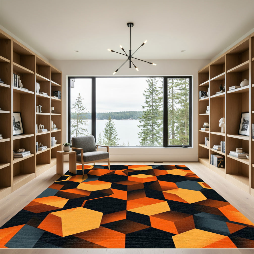 Modern Orange Geometric Hexagon Block Rug