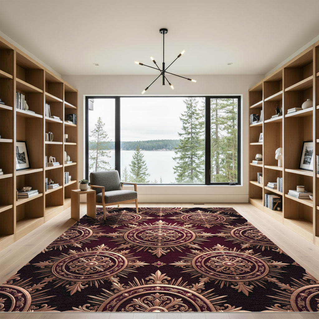 Rich Burgundy Gold Medallion Sunburst Rug