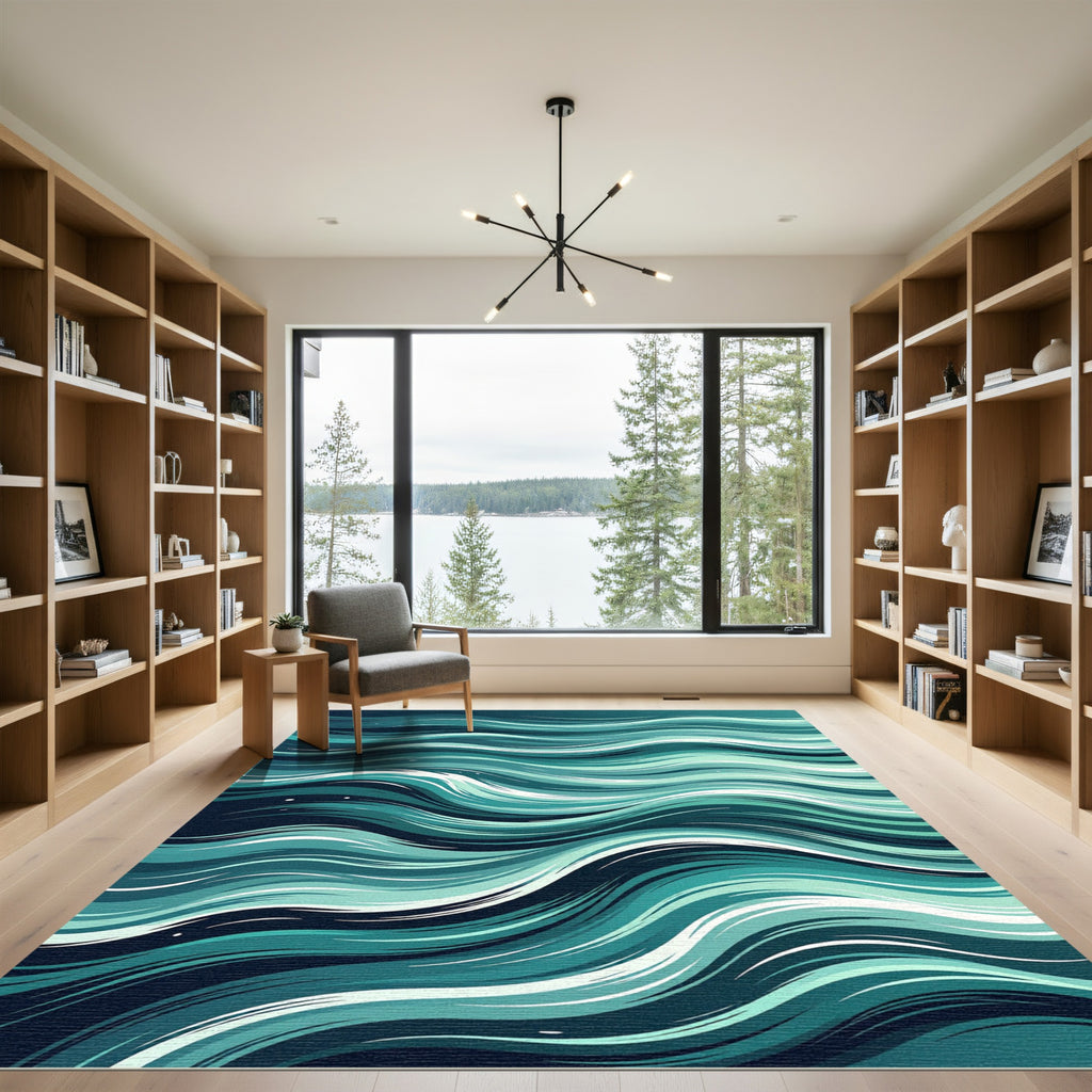Modern Deep Teal Abstract Wavy Flow Rug