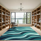 Modern Deep Teal Abstract Wavy Flow Rug