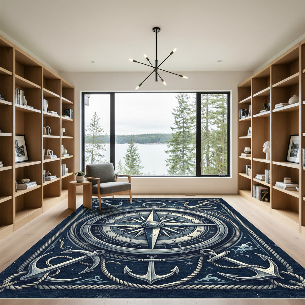 Vintage Nautical Compass and Anchor Bordered Rug