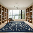 Vintage Nautical Compass and Anchor Bordered Rug