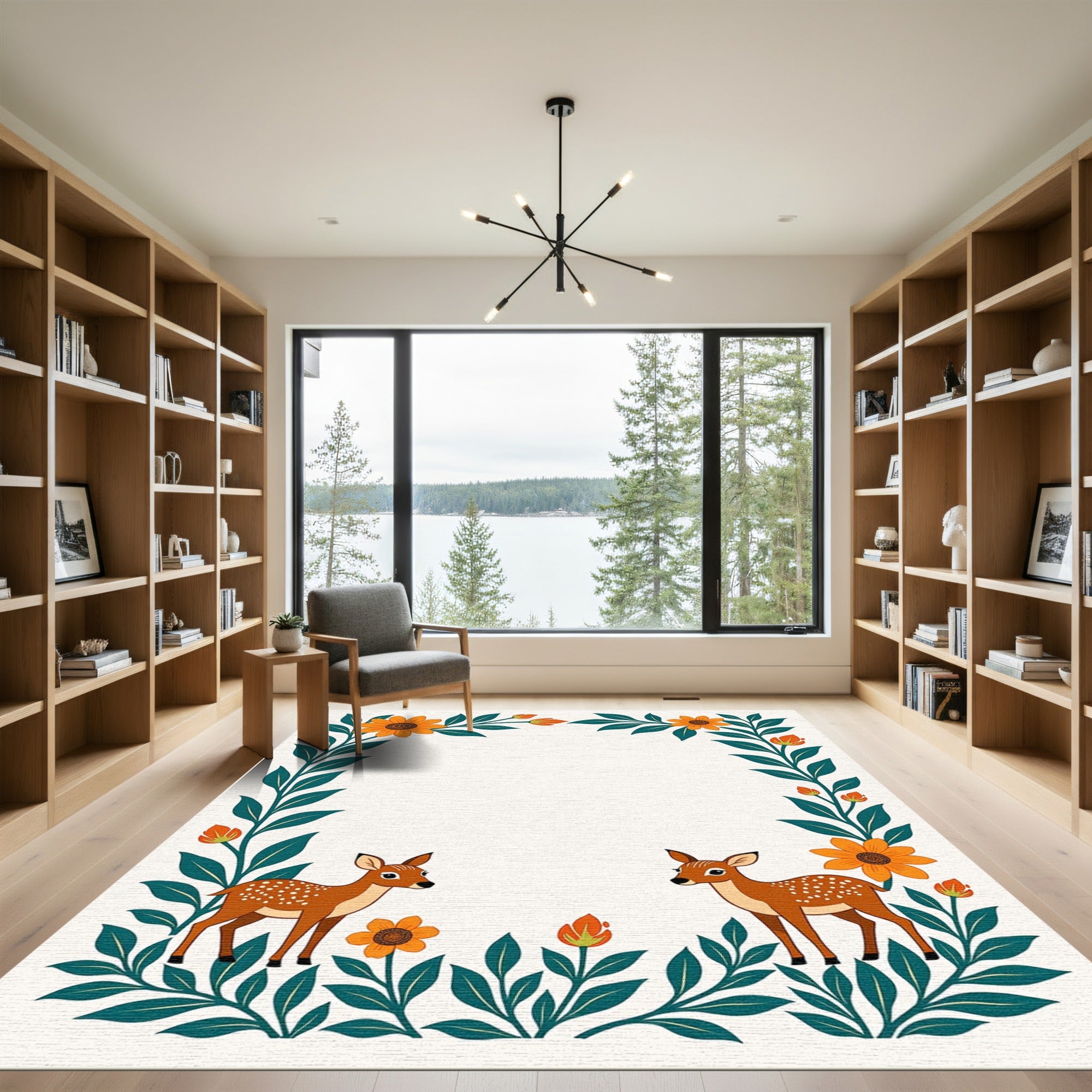 Whimsical Fawns Orange Floral Border Rug