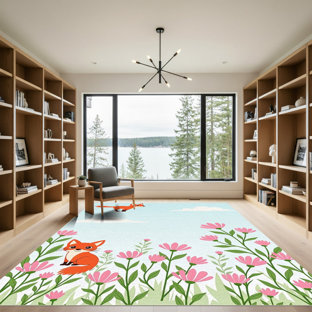 Whimsical Red Fox Garden Bloom Rug