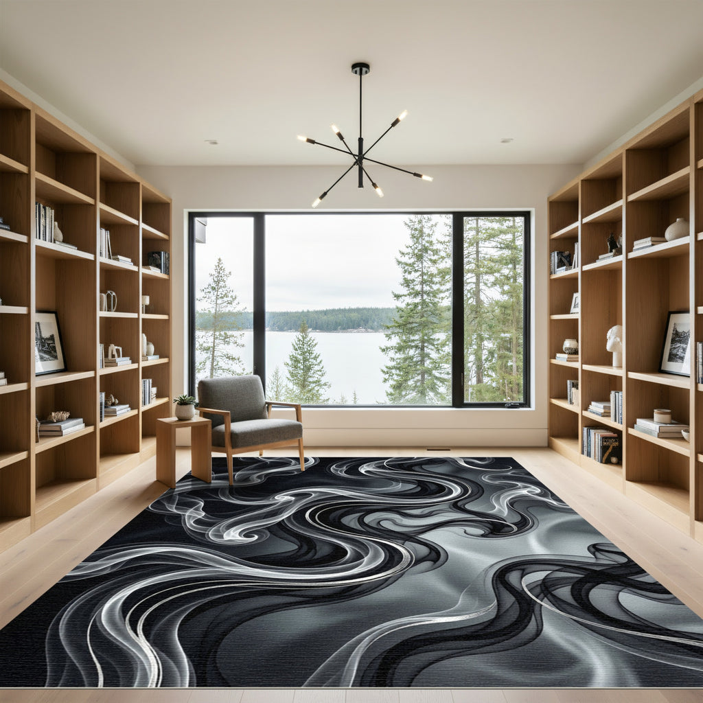 Dark Gray Swirling Smoke Abstract Rug