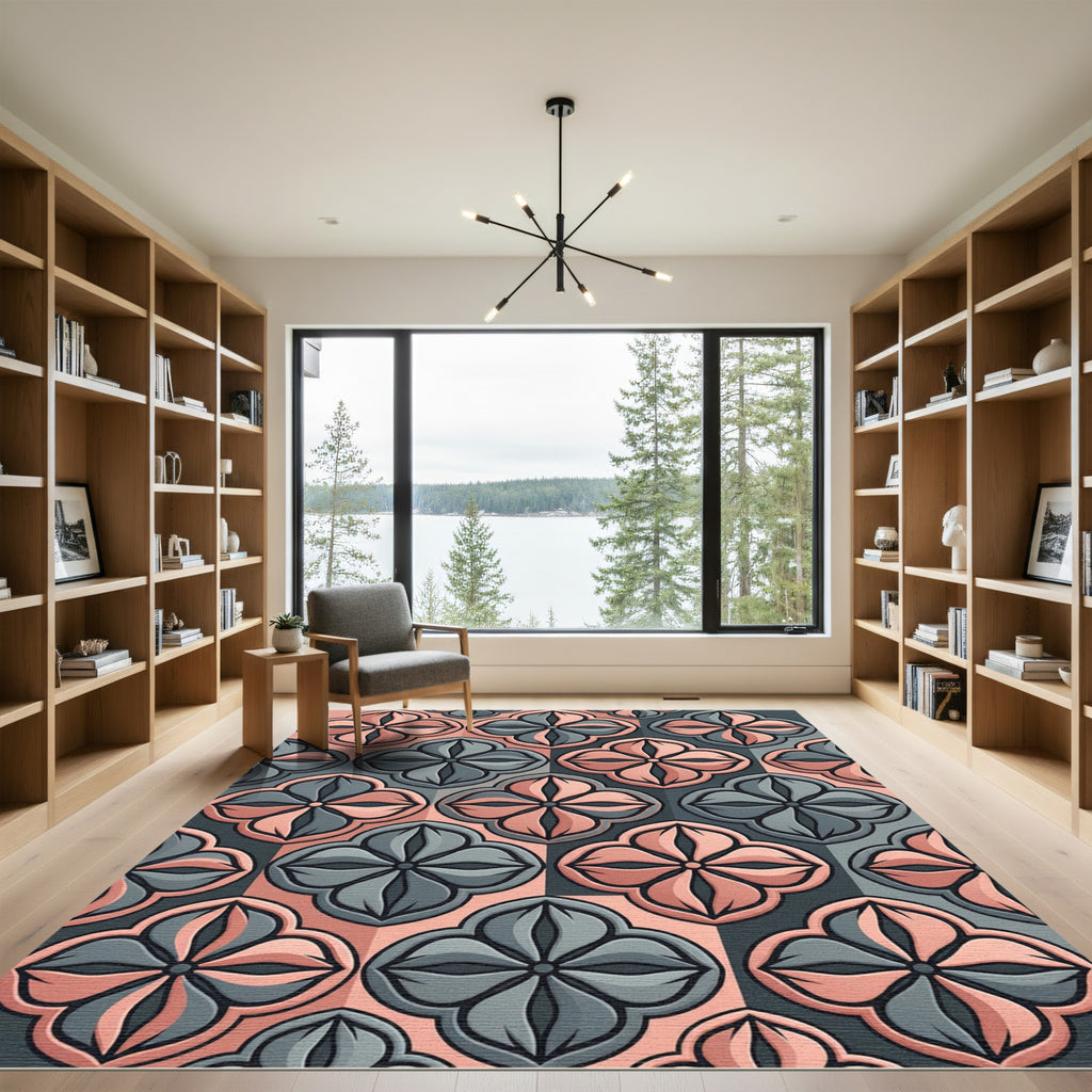 Geometric Slate and Peach Quatrefoil Rug