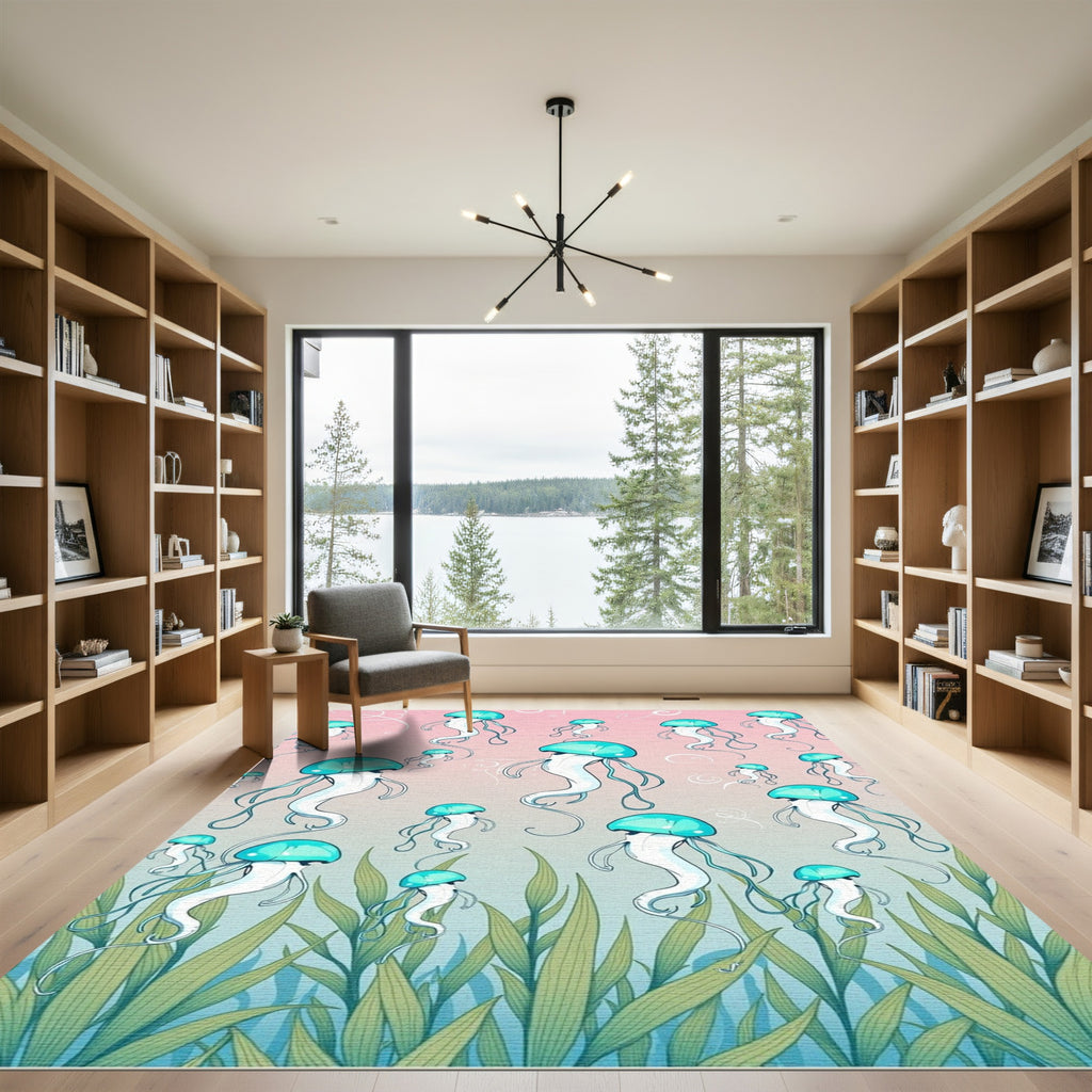 Teal Jellyfish Ocean Grass Bloom Rug