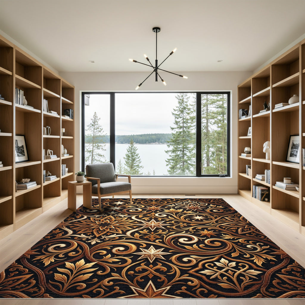 Golden Black Arabesque Star Medallion Rug