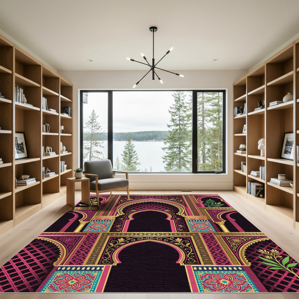 Ornate Magenta Gold Archway Floral Rug
