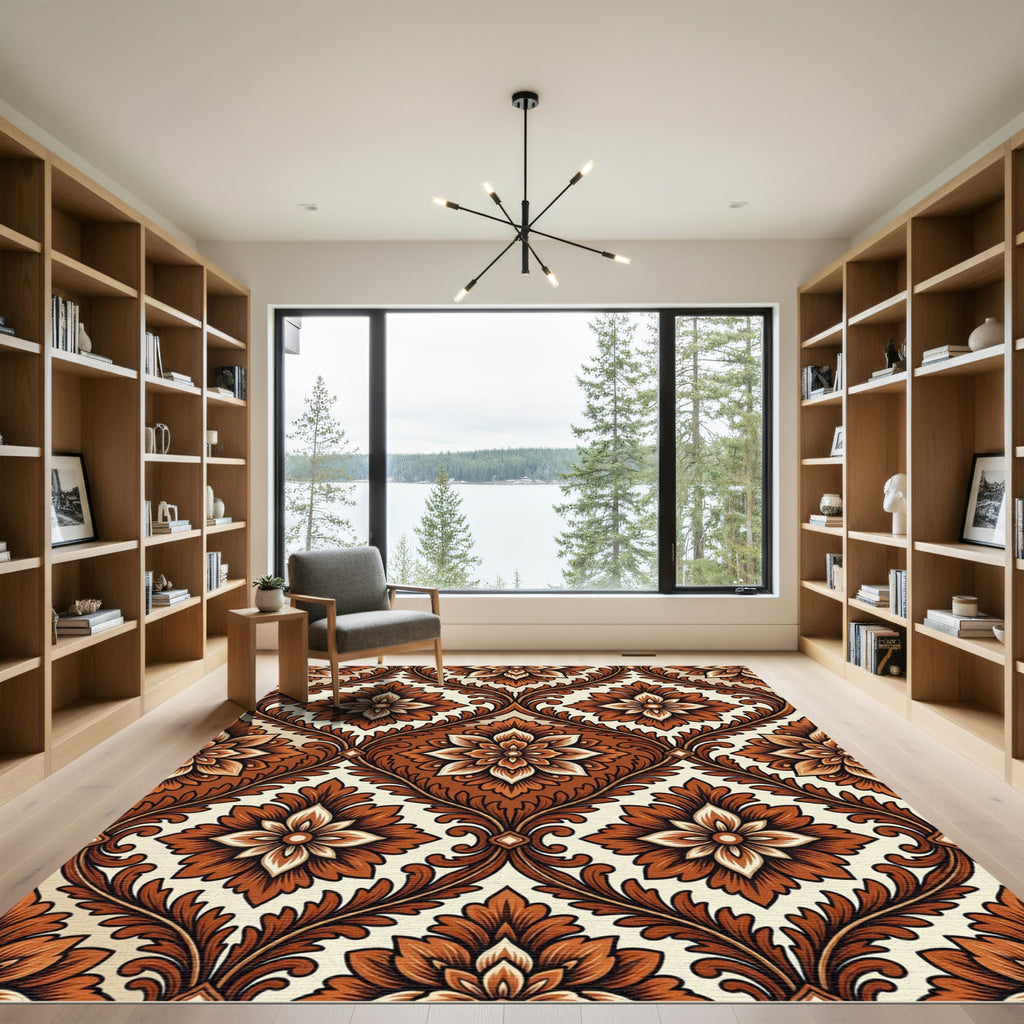 Ornate Burnt Sienna Floral Damask Rug