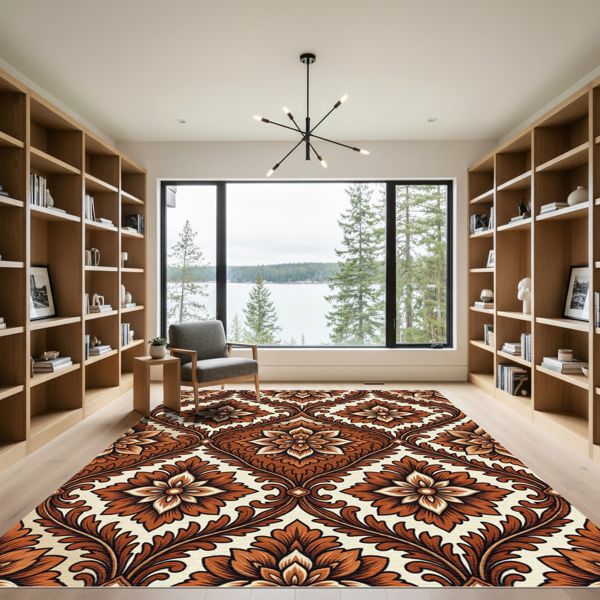 Ornate Burnt Sienna Floral Damask Rug