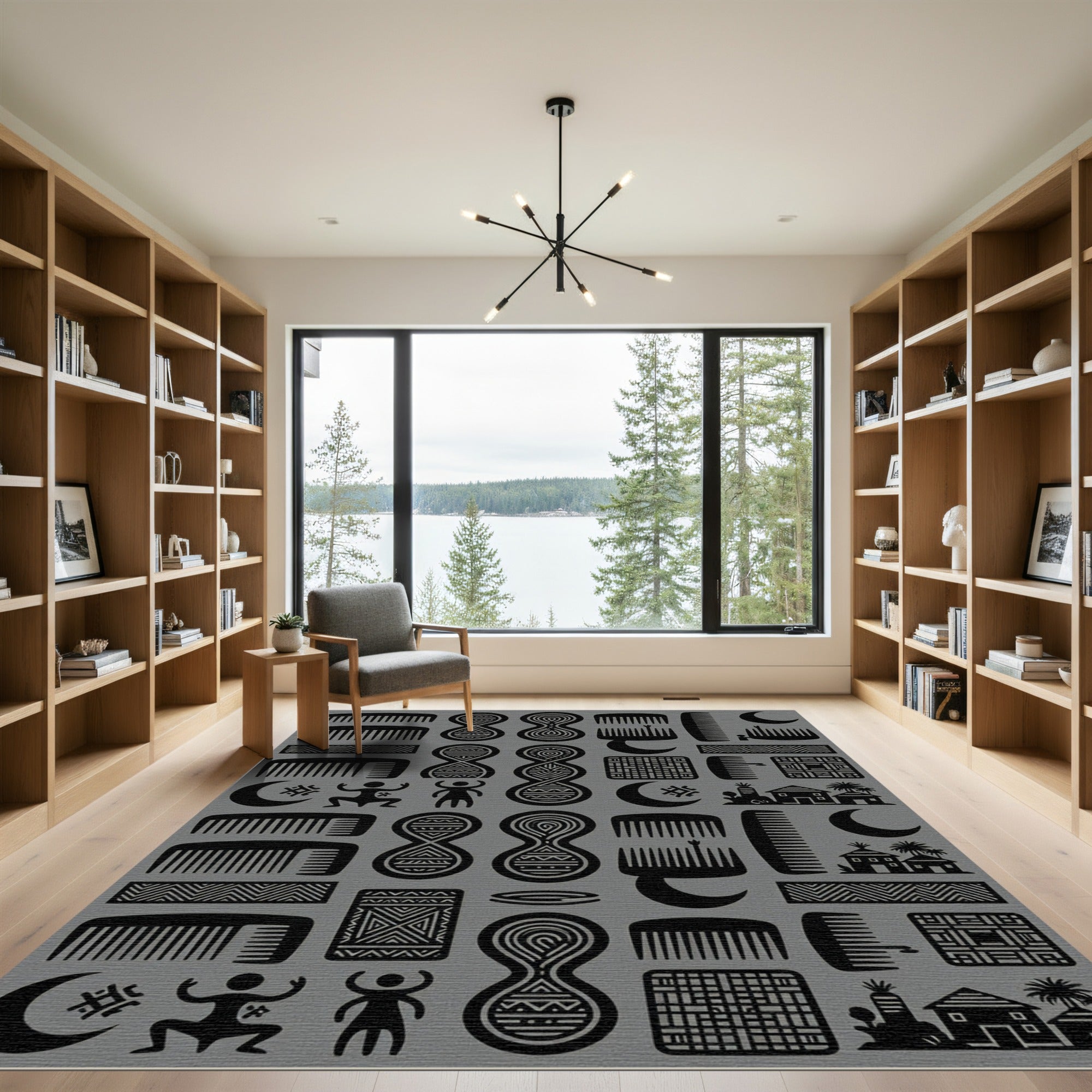 Tribal Black Comb Moon Village Repeat Rug