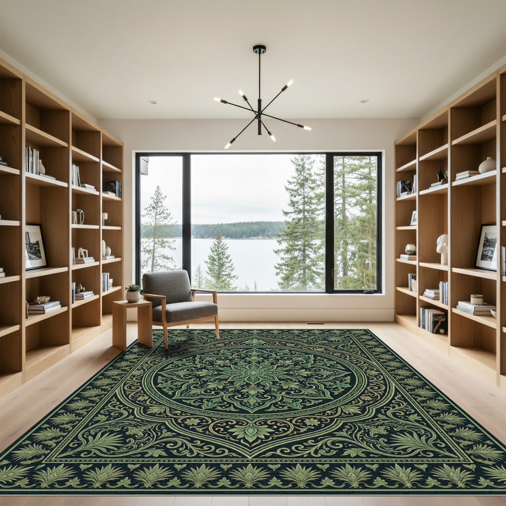 Emerald Green Floral Medallion Frame Rug