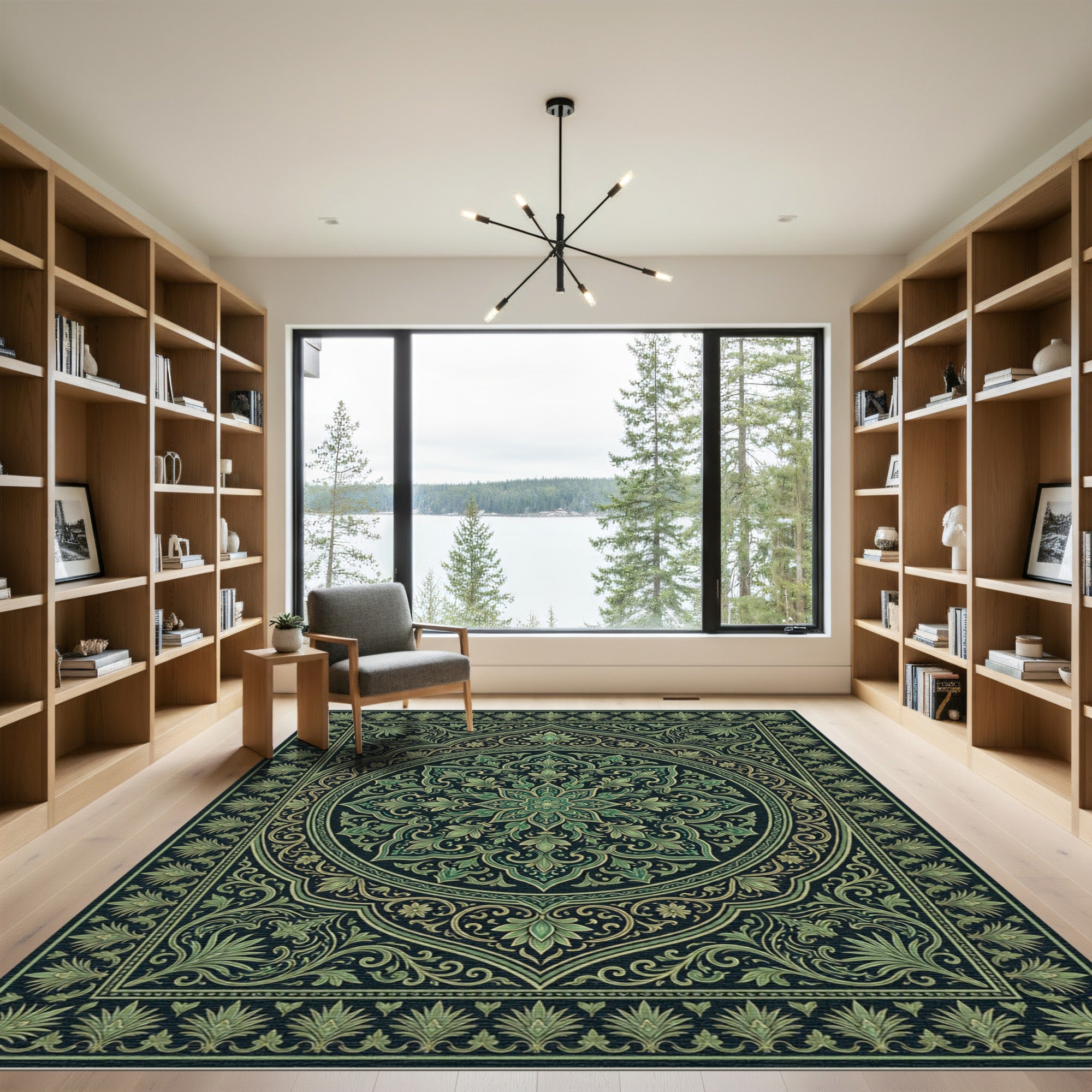 Emerald Green Floral Medallion Frame Rug