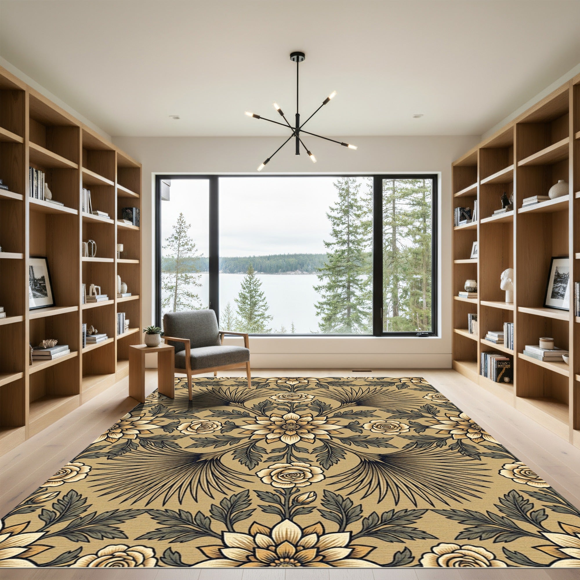 Gold Cream Floral Scrolling Vine Rug
