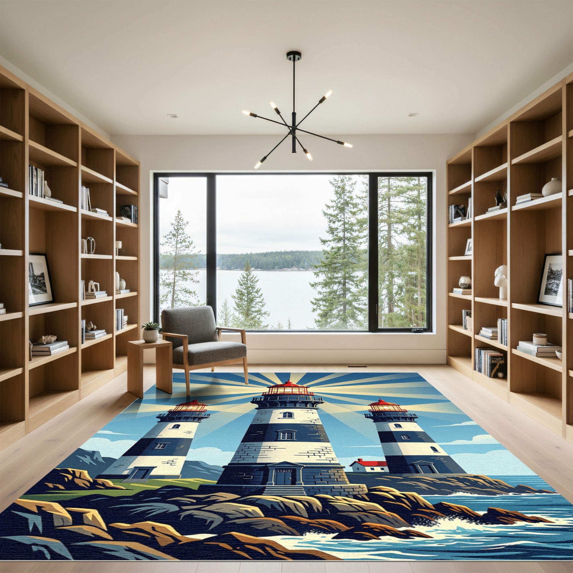 Coastal Triple Lighthouses Radiating Light Rug
