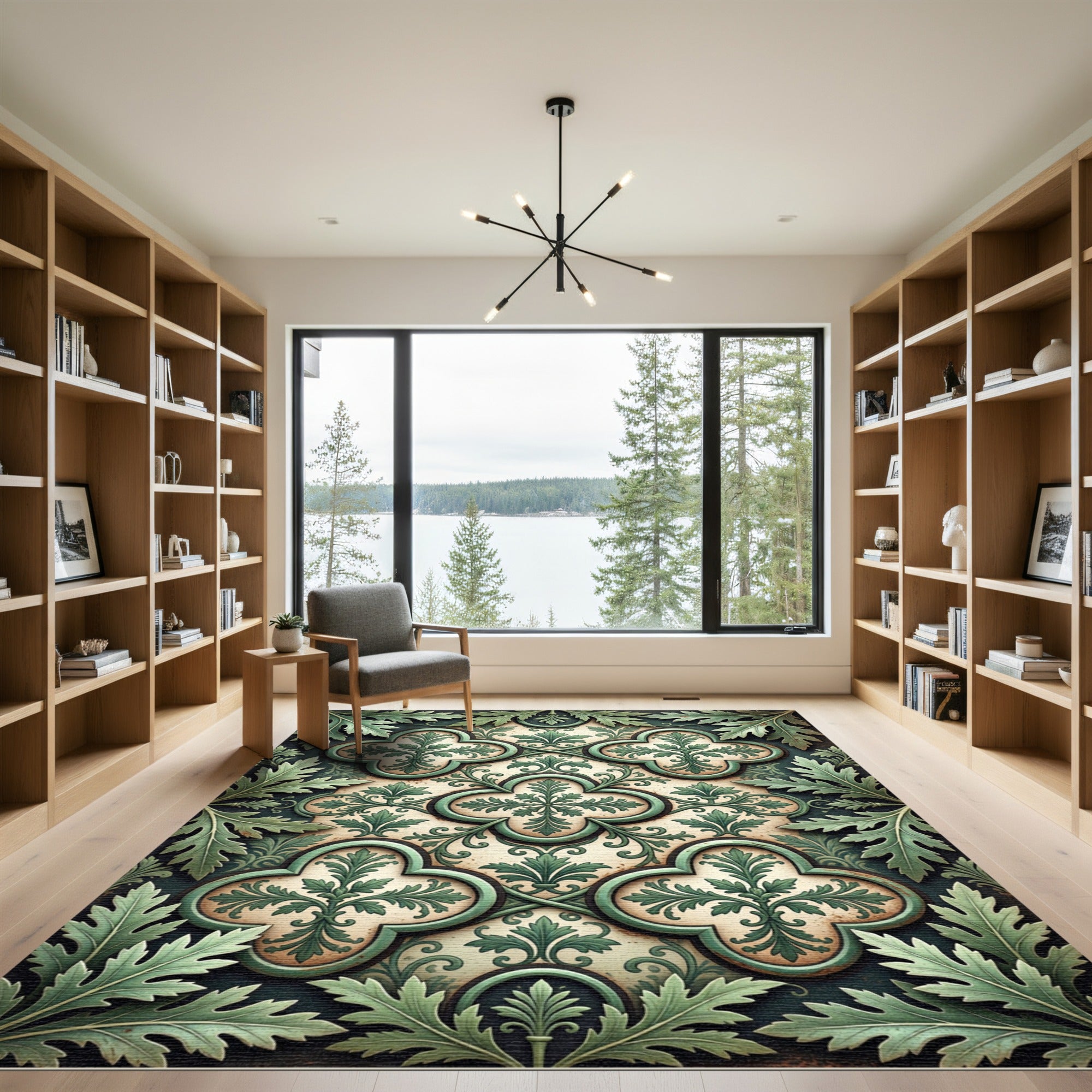 Elegante Sage Botanical Quatrefoil Scroll Rug