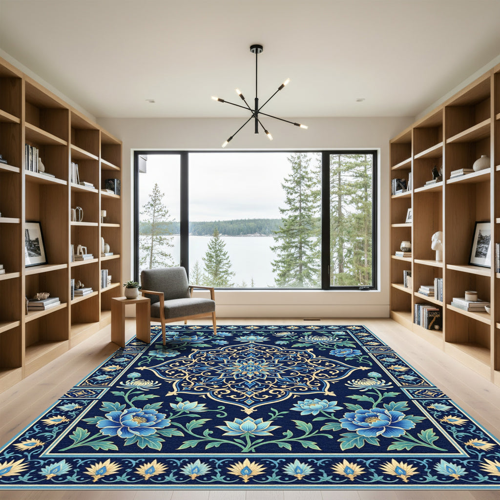Azure Botanical Lattice Work Rug