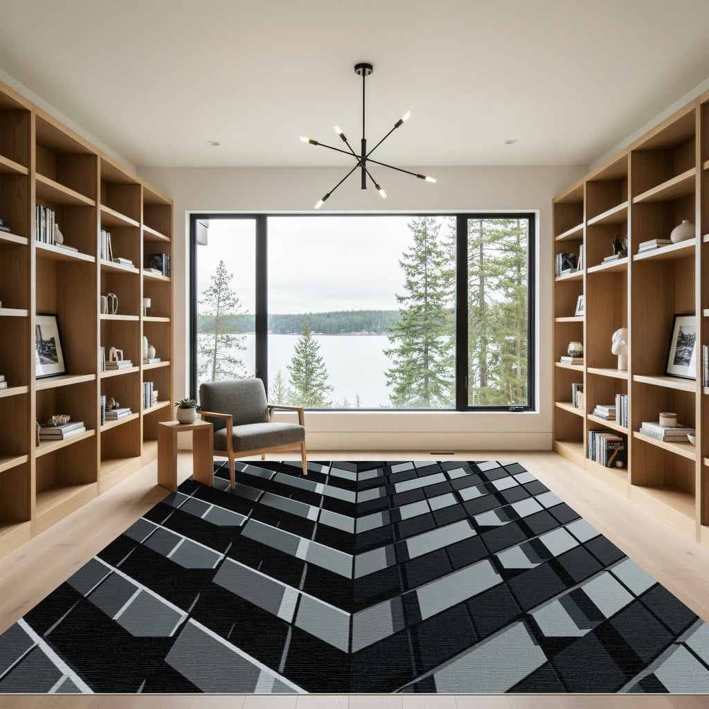 Modern Monochrome Chevron Geometric Art Rug