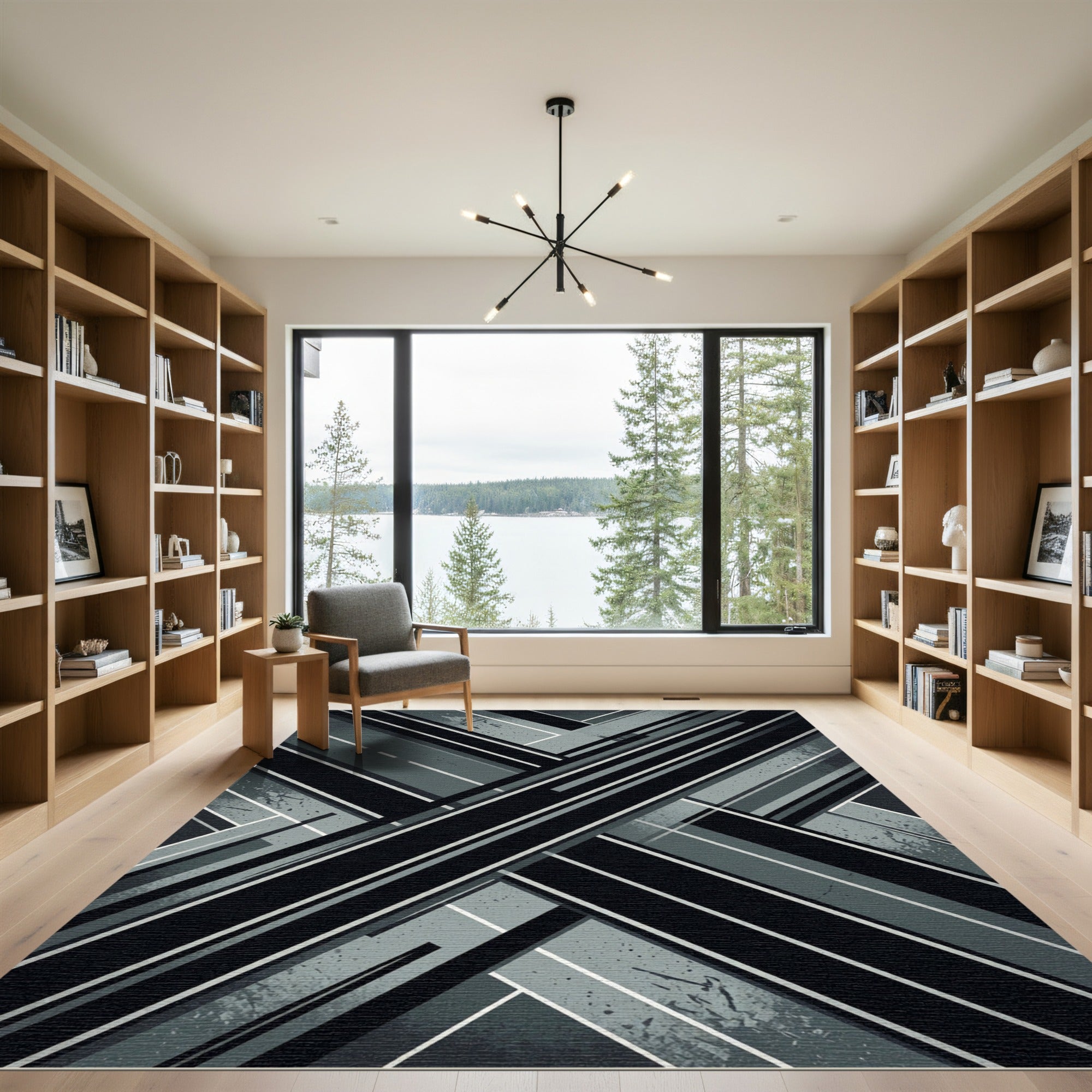 Monochrome Industrial Geometric Crossed Line Rug