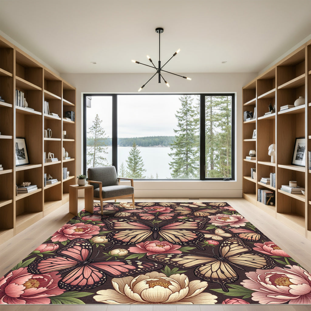 Blush Butterfly and Peony Floral Meadow Rug
