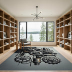 Industrial Monochrome Mechanical Gear Composition Rug